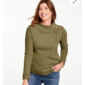Talbots BUTTON SHOULDER SWEATSHIRT Olive Green Sweatshirt with Gold-Tone